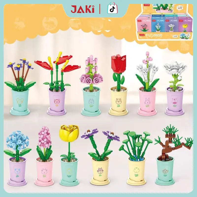JAKI Block Flower Bricks Bunga Pot Tanaman Blok Bangunan Mini Mainan Edukatif Bunga Zodiak Cina DIY Balok Mainan Bricks Buket Bricks DIY Nano Toys