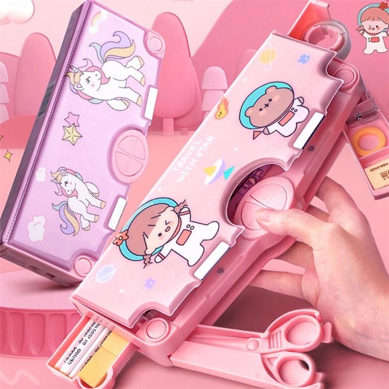 Kotak Alat Tulis/Kotak Pensil Pola Kartun Rautan Kapasitas/ Bahan Plastik Multifungsi Untuk Anak Kids Pencil 2