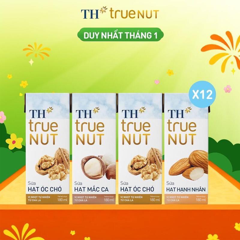  Combo mix 12 lốc sữa hạt óc chó mắc ca hạnh nhân TH True Nut  180ml x 48 hộp  