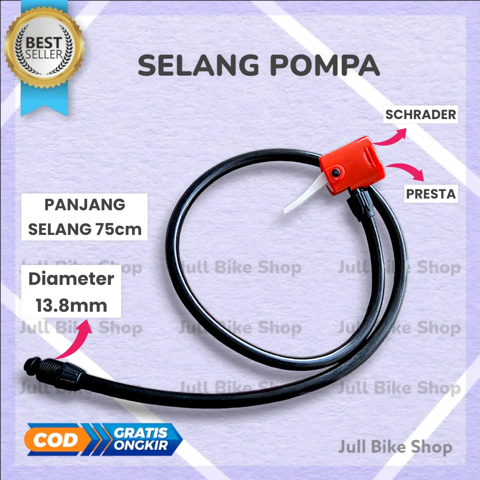 Selang Pompa 2 valve katup universal diameter ± 13.8mm ban angin sepeda / motor fixie schrader dan presta jepit portable 14mm panjang 75cm