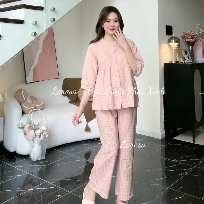 Bộ Đồ Bầu Cổ Tàu Mẫu Mới 2025 Larosa Kẻ Caro Thêu LA023 - Chất liệu vải Caro mềm mại tinh tế