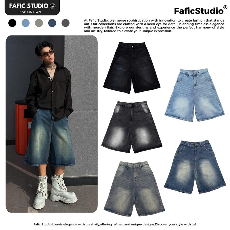 Quần short jeans baggy lửng nam nữ ống rộng suông Quần Wide Leg FAFIC Nam Ống Rộng, Quần Jeans Short Lửng Phong Cách