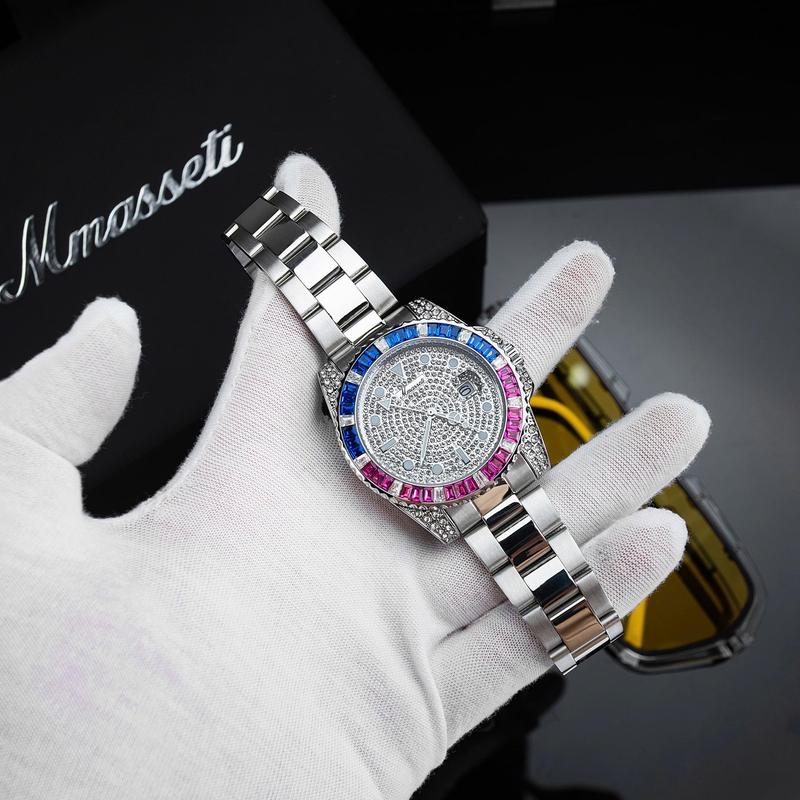 NO-013 [ MMASETI X HUNGLUXURY] - Đồng hồ nam Mmasseti chính hãng , đính dá sang trọng , dây thép đúc đặc , khóa bâm thông minh , chống nước tốt