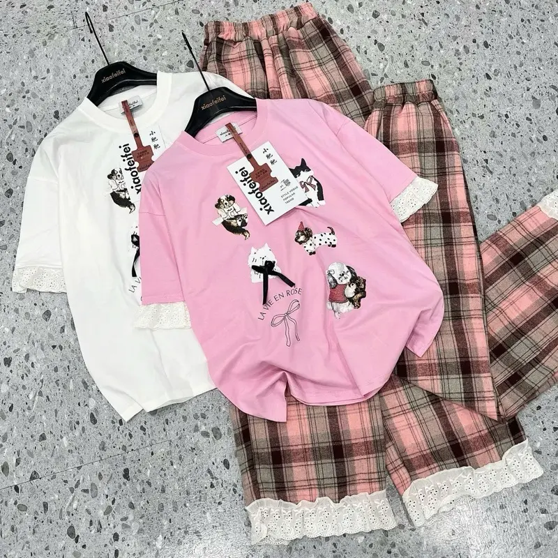 [HONGHANHBOUTIQUE] Set quần áo nữ mặc hè/ Set mặc nhà QCCC - Set áo phông mèo nơ phối quần kẻ viền ren