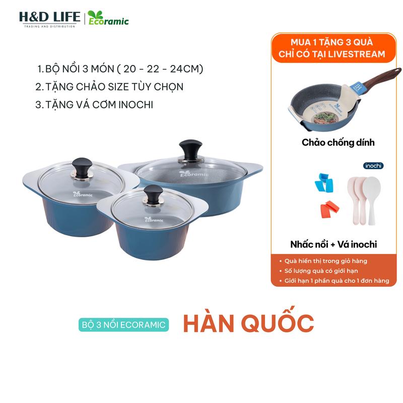 Bộ 3 Nồi V-Line Ecoramic Chống Dính Ceramic An Toàn Sức Khỏe Nhôm Đúc Nguyên Khối Siêu Bền 20-22-24cm HD Life