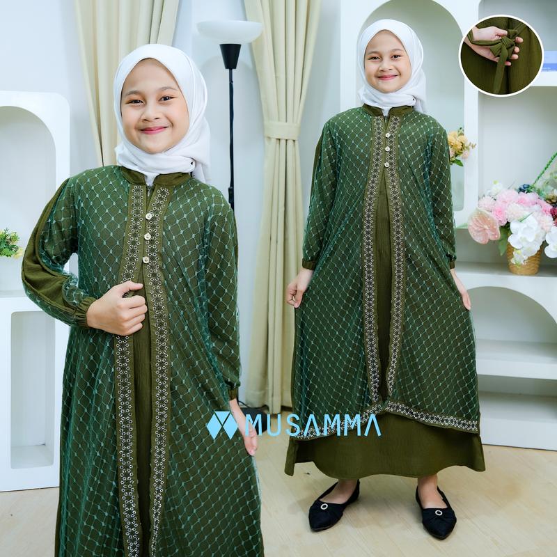 DRESS ANAK RAISA  - Gamis Crinkel Premium Mix Brokat Tile Malika Kancing aktif dan Wudhu Friendly dress anak tanggung 2
