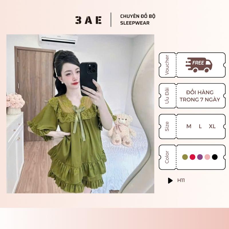 Bộ đồ ngủ tiểu thư babydoll - 3AE - Thiết kế cổ viền tinh tế điểm nhấn dây nơ mặc nhà thoải mái