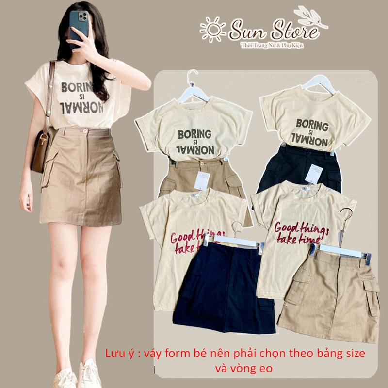 Bộ đồ nữ SunStore chân váy chữ A túi hộp phối áo thun tay cánh dơi - Chất kaki dày, nhiều size đến 68kg Top Women set  váy set áo  lệch vai Bo Chun