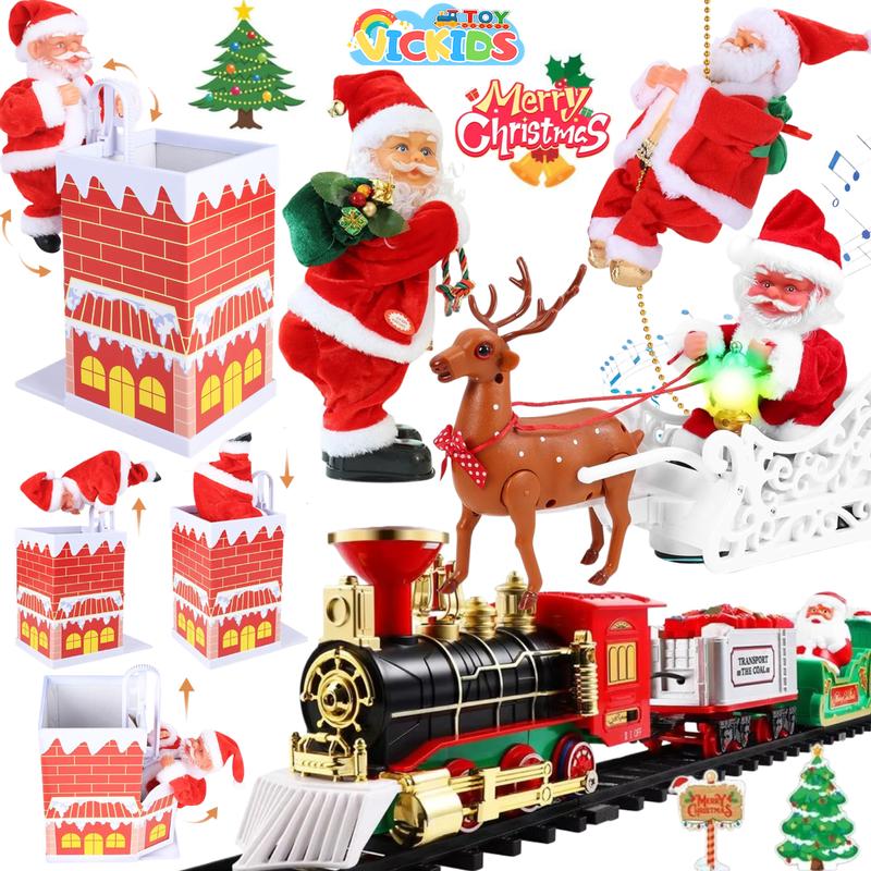 Đồ Chơi Ông Già Noel Chui Ống Khói Leo Dây Nhảy Dù Cưỡi Tuần Lộc Cho Bé Đoàn Tàu Chở Quà Tặng Trang Trí Cây Thông Giáng Sinh Có Đèn Nhạc Vui Nhộn