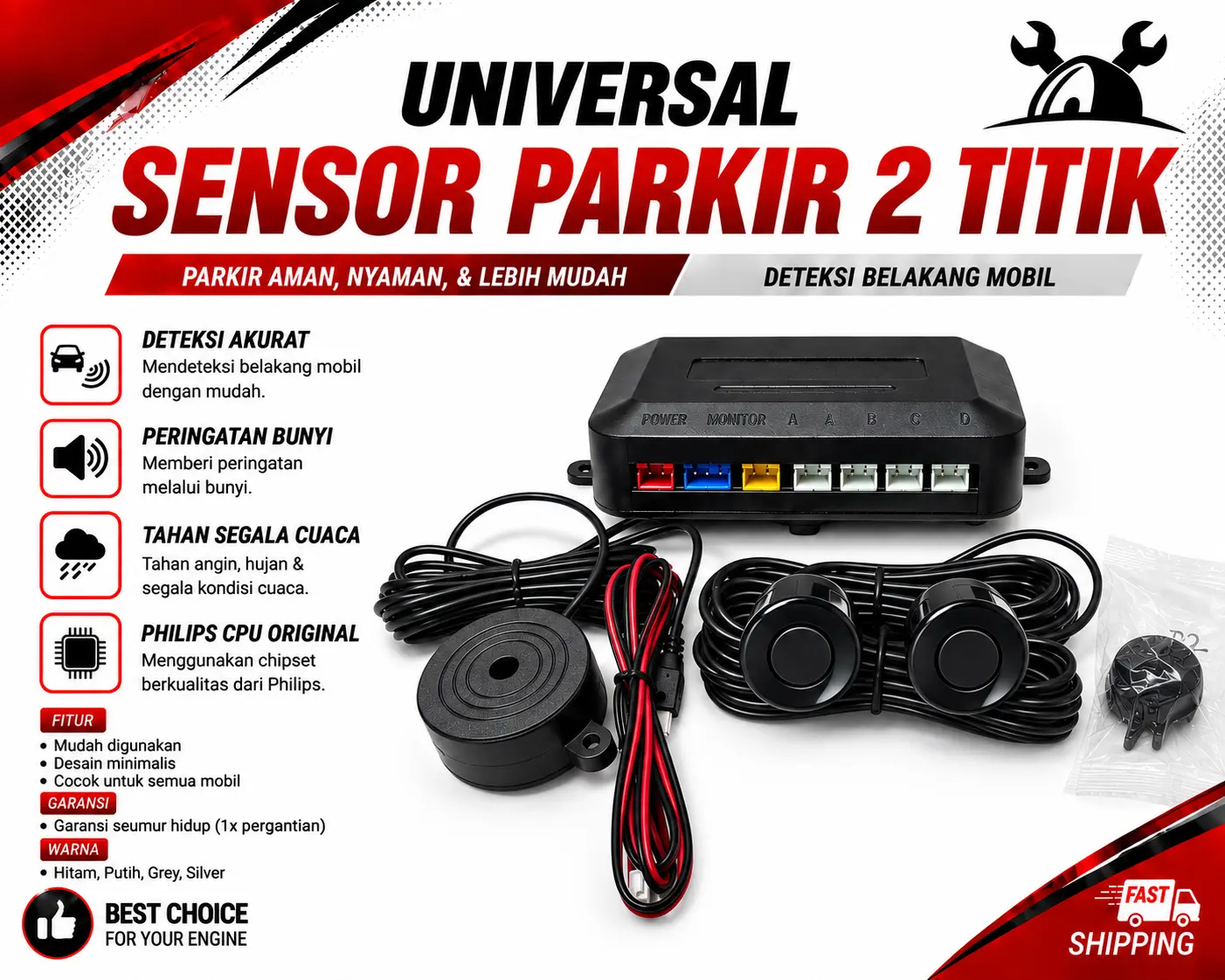 Sensor Parkir Mobil Mundur 2 Titik Bunyi Beep TERMURAH - Hitam
