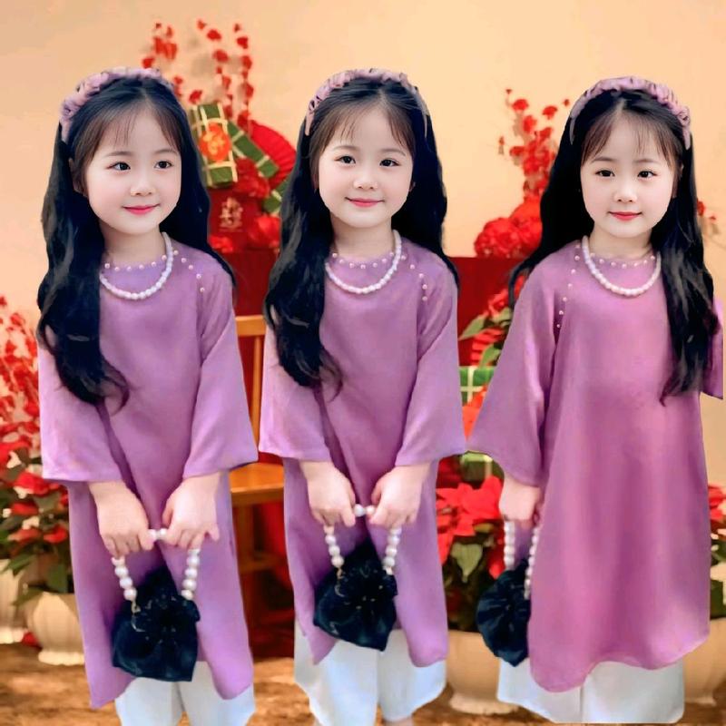   9-38kg  Set áo dài gấm Tết đính ngọc + quần lụa mềm bóng  tặng mấn + vòng ngọc  