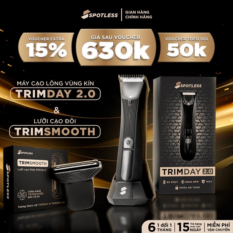 [Che Tên] Combo Máy Cạo Lông vùng kín TRIMDAY 2.0 & Lưỡi Cạo Râu TRIMSMOOTH Tích Hợp Công Nghệ Lưỡi An Toàn TRIMGUARD, Không Ngứa, Không Cắt, Khoá An Toàn, Đèn Led Soi Sáng - BH 6 tháng 1 đổi 1