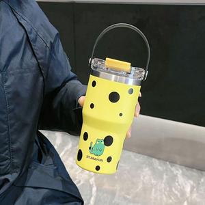 Cawan straw, Corak Kartun, Keluli Tahan Karat 304, Reka Bentuk Kreatif Ins, Kapasiti Besar, Dua Lapisan, Cawan Ais Vakum, Dipasang Kereta Api, Cawan Sejuk Kitchenware stainless  steel  tumbler termos  nasi  kain  lap