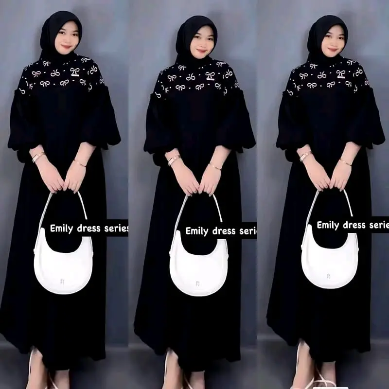 Emily Dress Series Pita Dan Rantai Kombinasi Motif Gamis Wanita Terbaru Bahan Twill Rayon Tebal Hitam 3