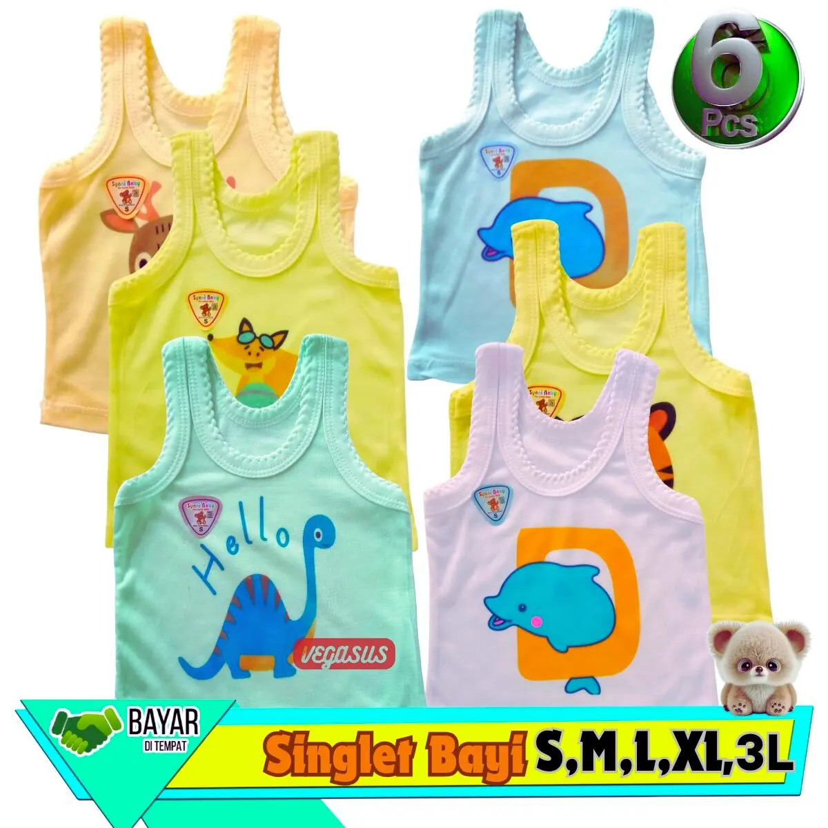 6Pcs Singlet Bayi Kaos Dalam Anak Karakter Kartun Usia 0-4 Tahun-Kutang Bayi Ukuran S,M,L,XL,3L-Perempuan Laki Newborn motif