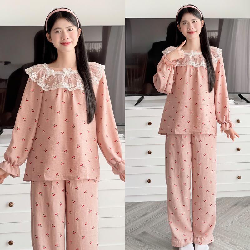 Bộ Đồ Ngủ BY CHANN SP28 set bộ phối cổ ren áo dài quần dài chất liệu đũi vân mây có bigsize 80kg