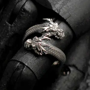 【BATIKETS】Double Headed Dragon Ring Men Chinese Style Adjustable Ring Vintage Design Opening Ring
