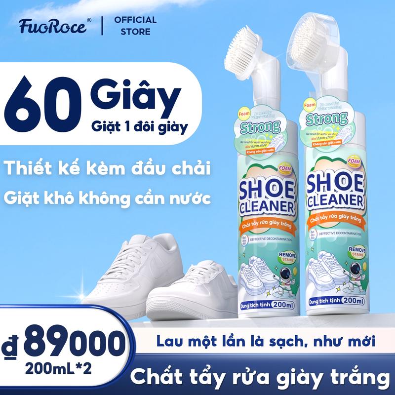 Fuoroce Nước lau giày , tẩy giày siêu tiện lợi,  không cần giặt, chỉ cần lau sạch, thành phần dịu nhẹ, Đầu bàn chải siêu mềm, sạch từng khe nhỏ, Loại bỏ vết ố vàng và làm trắng, 200mL