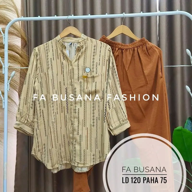 Setelan wanita jumbo bahan crinkle airflow Lembut baju Atasan Kancing depan Celana panjang Karet 5