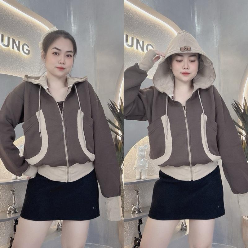 Áo Khoác Nữ Vải Gân Mix PC Hottrend Nón to 6 túi có khóa kéo - Nhung Nguyễn