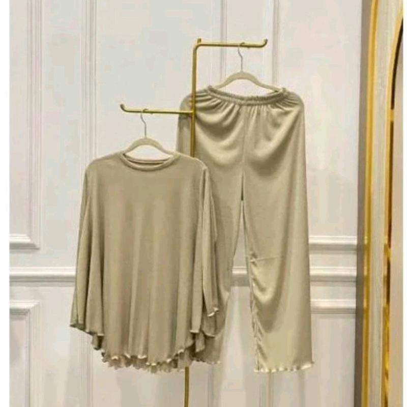 Setelan Rib Knit Wanita Lengan 7/8 Celana Panjang Baju Atasan Polos Formal Dewasa Nyaman 5