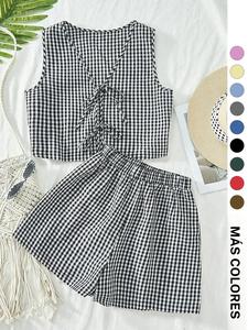 Conjunto de dos piezas de Top sin mangas con estampado de cuadros para mujer y Shorts de cintura alta, Top sin mangas y Shorts casuales para el verano, Ropa de damas para uso diario