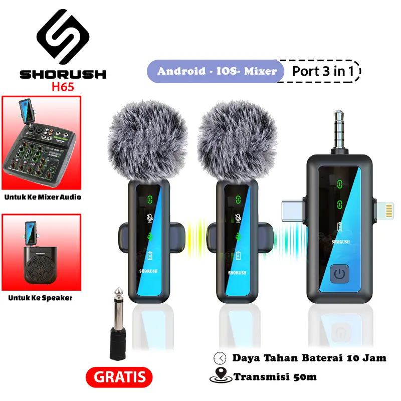 Shorush H65 Wireless Microphone Clip On 3 In 1 Mikrofon Clip On Lavalier Clip On UHF 2.4G Dual Single Mic Wireless Mikrofon Hp Kamera Vlog Youtuber Live Streaming Konten Kreator 0