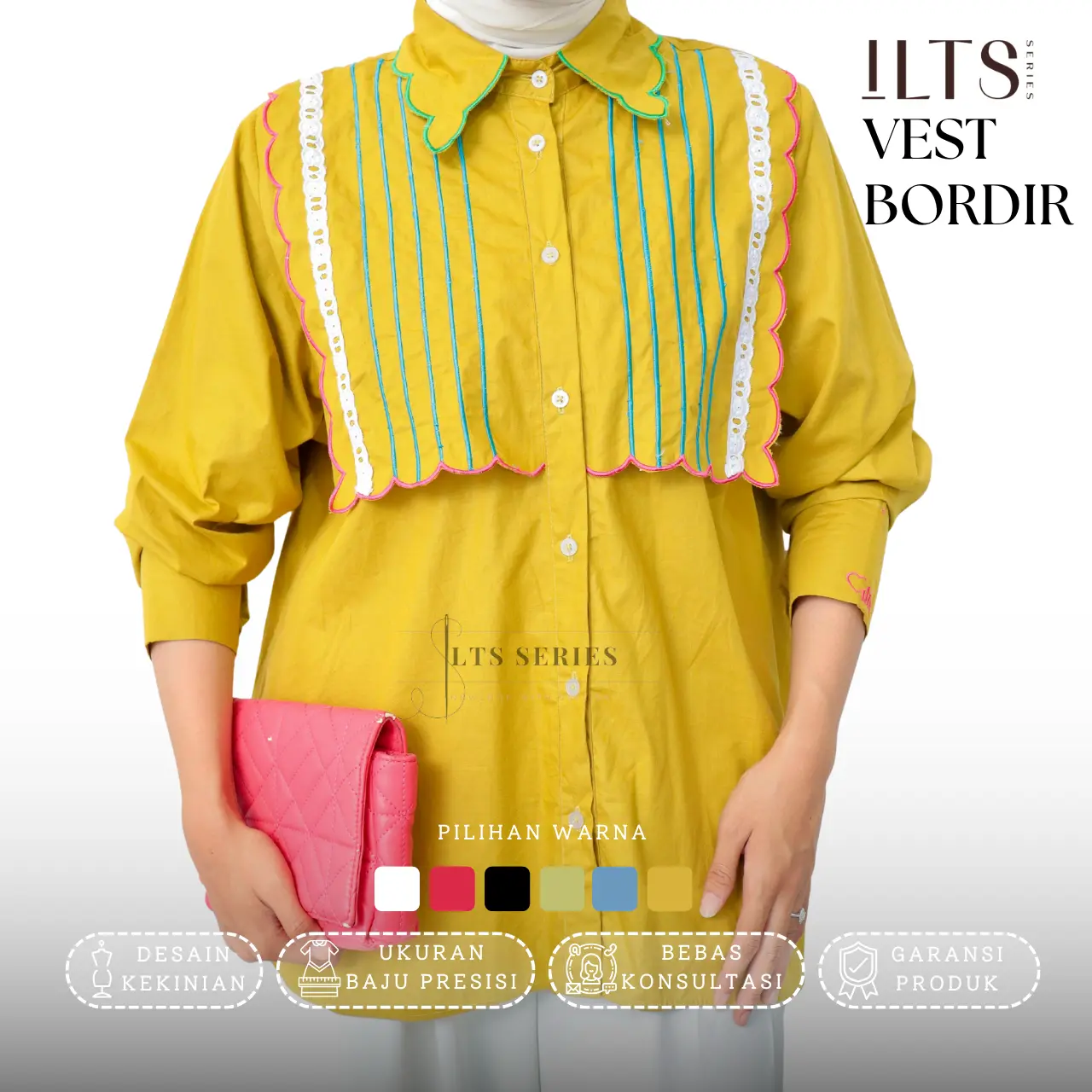 Kemeja Wanita Kekinian Bahan Katun Kombi Vest Bordir Terbaru - Atasan Kombinasi Panjang Baju Oversize