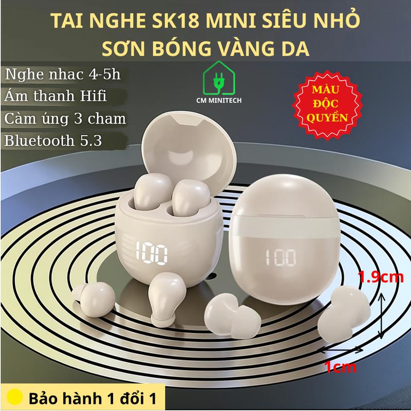 SK18 Vàng da độc quyền Tai nghe bluetooth SK18 mini siêu nhỏ giảm ồn chống nước IPX5 âm thanh Hifi cảm ứng 3 chạm pin 4-6h cho Android IOS Phụ Kiện Nhét Tai Earphone