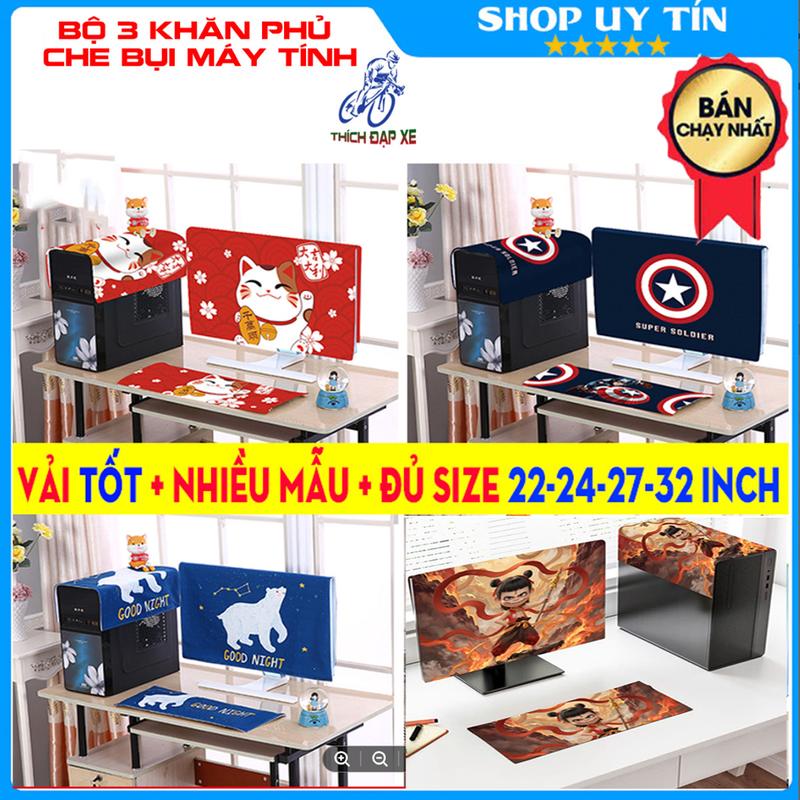  Bộ 3 khăn phủ máy tính để bàn tấm che bụi màn hình bàn phím vải tốt đủ size 22 24 27 32 inch 