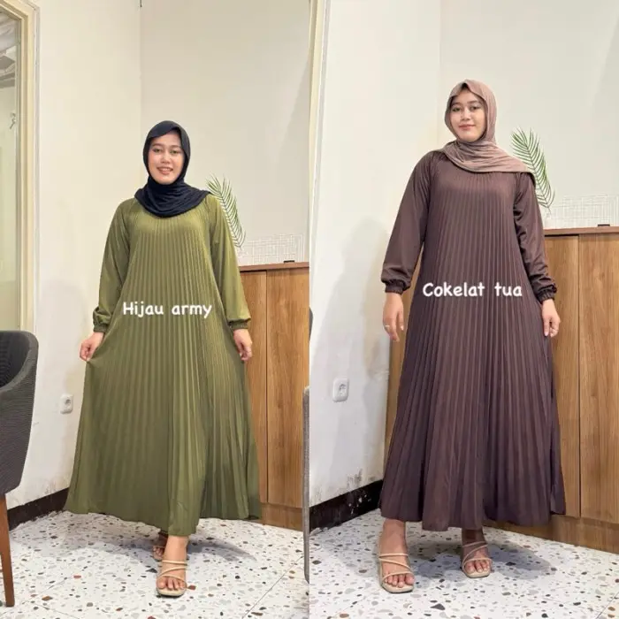 Gamis Plisket Mayung Wanita - Hijau Army, XL - XXL