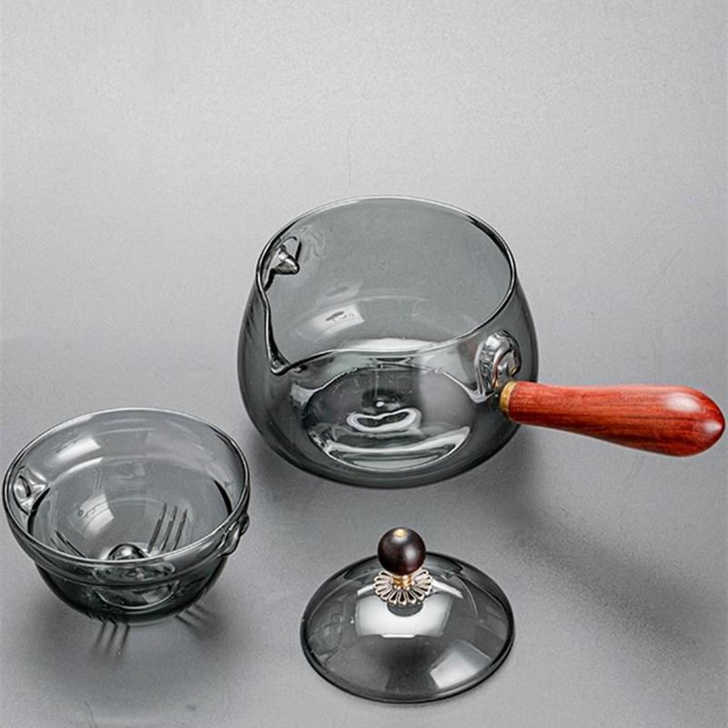 Tea Pot, High Borosilicate Glass Side Handle Brewing Tea Pot, Thickened Small Green Citrus Tea Pot, Wooden Handle Tea Pot, Glass Tea Set 8
