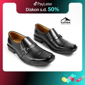LUTTON Sepatu Pantofel Pria Kulit Asli Premium MU04 – Formal Kerja Kantor Hitam – 3 Model: Slip On, Resleting & Tali