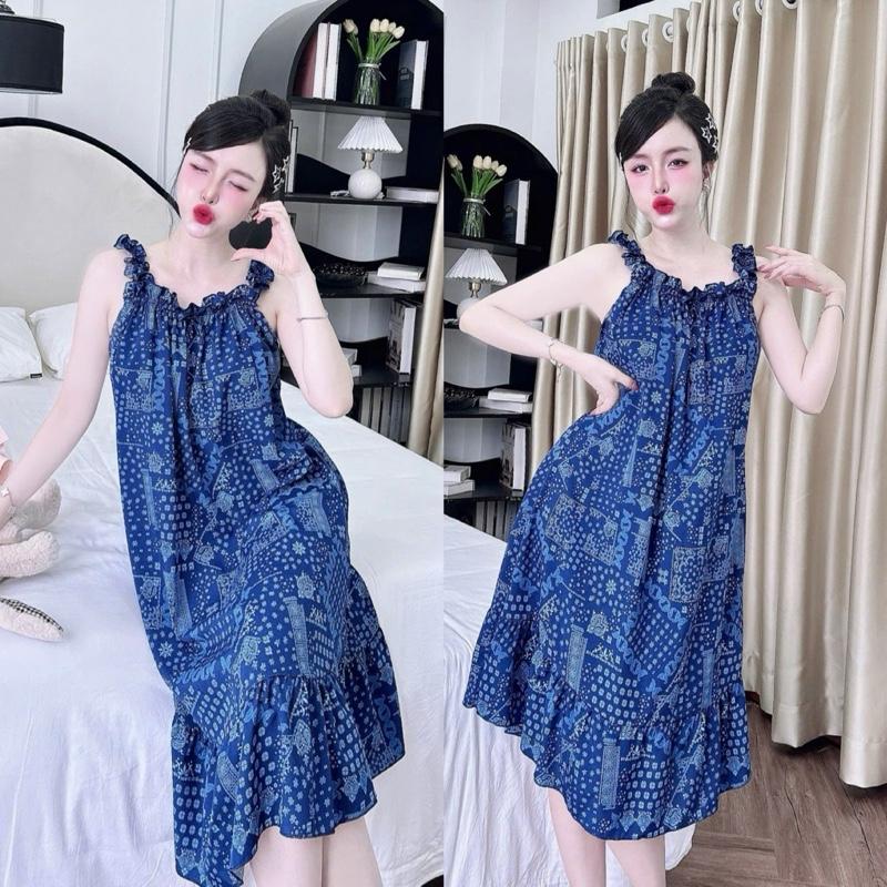 Váy Ngủ Lụa Hàn 100d Mềm Nhún Bèo Vai- Hoa Nhí Dễ Thương- Mát Mẻ Mặc ở Nhà- Mặc Ngủ Thoải Mái