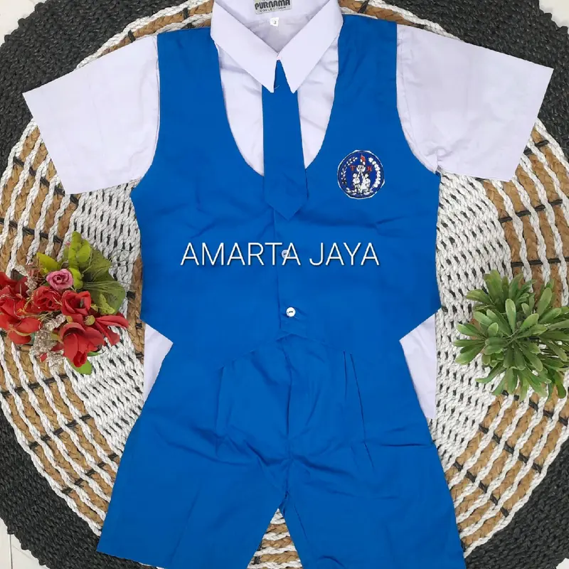 SETELAN SERAGAM PAUD DAN TK PGRI COWOK PENDEK WARNA BIRU PUTIH BAJU BAHAN KATUN DELTA DAN CELANA ROMPI BAHAN GRAND MASTER MURAH BERKUALITAS 3