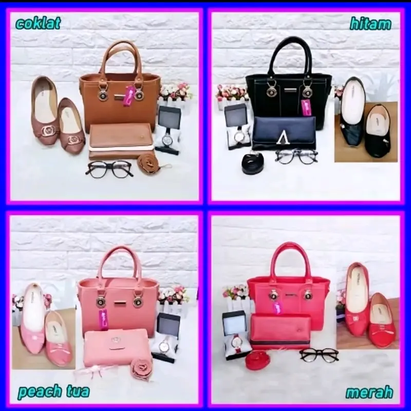 TAS PAKET SESERAHAN PERNIKAHAN JAM TANGAN DOMPET WANITA SANDAL FLATSHOES WANITA KACAMATA SENDAL FLATSHOES KULIT PU SEPATU FLAT TAS PAKET MURAH TAS PAKET 5IN1 TAS MURAH TAS FASHION KADO HADIAH PERNIKAHAN MAHAR SESERAHAN 1