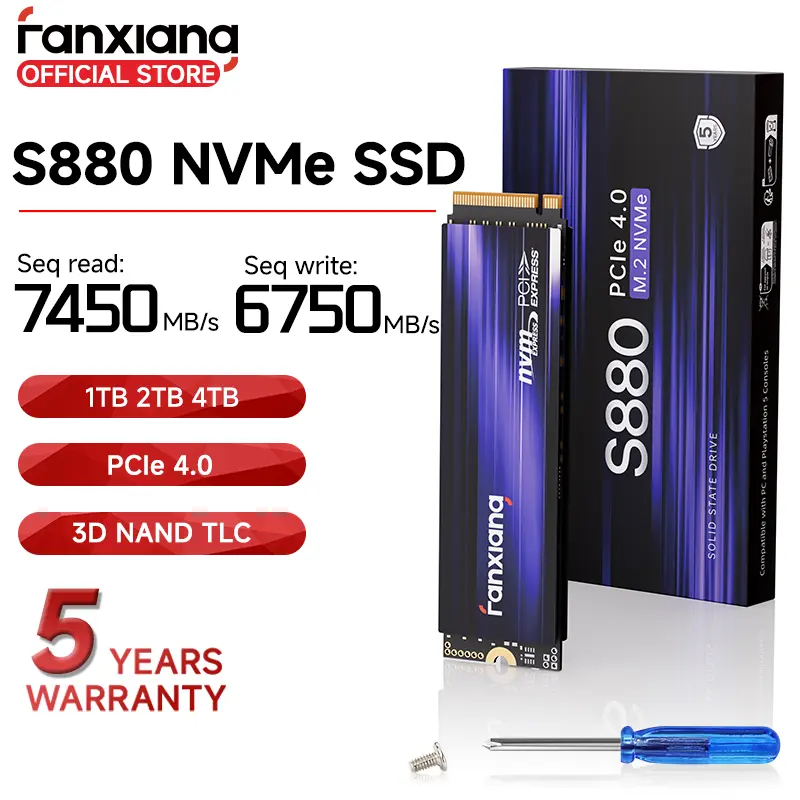 Fanxiang S880 PCIe 4.0 Ổ cứng thể rắn SSD Tương thích với PS5, PC và máy tính xách tay, Có sẵn trong 1TB, 2TB và 4TB, Ổ đĩa thể rắn