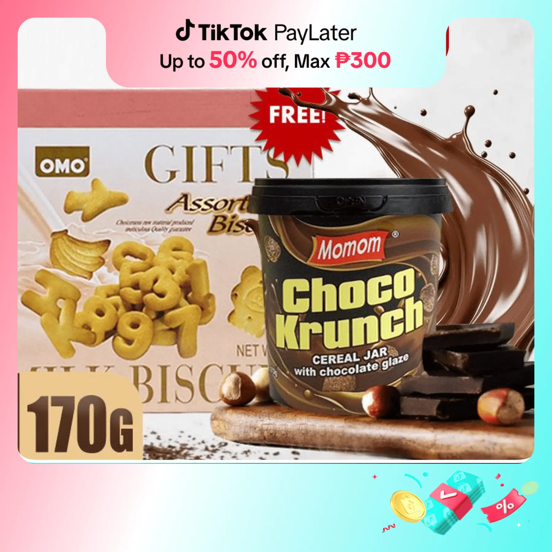[FREE BISCUIT MILK] Momom Mini Chocolate & Ube Krunch, Crunchy Cereal Snack Dessert with Classic Delicious Chocolate and Ube Glazed (170 Grams)