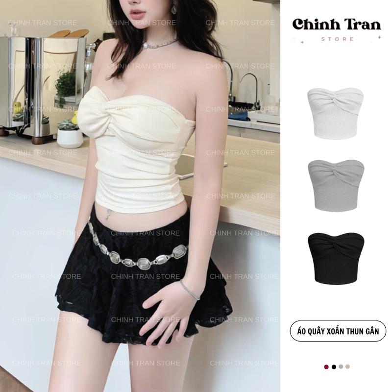 Áo Quây Croptop Nữ Xoắn Kiểu Ôm Body Không Mút Chất Thun Gân