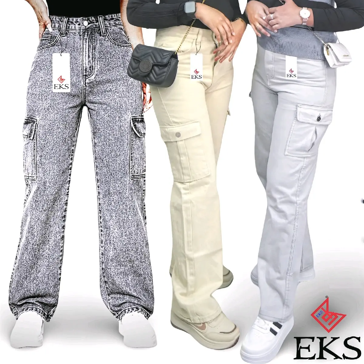 EKS Cargo Palazzo NoN Stretchable 6 Pocket Long Cargo Baggy loose Pants Kain Jeans Denim Tapi Lembut seluar perempuan - Acid Grey Butang Pakaian