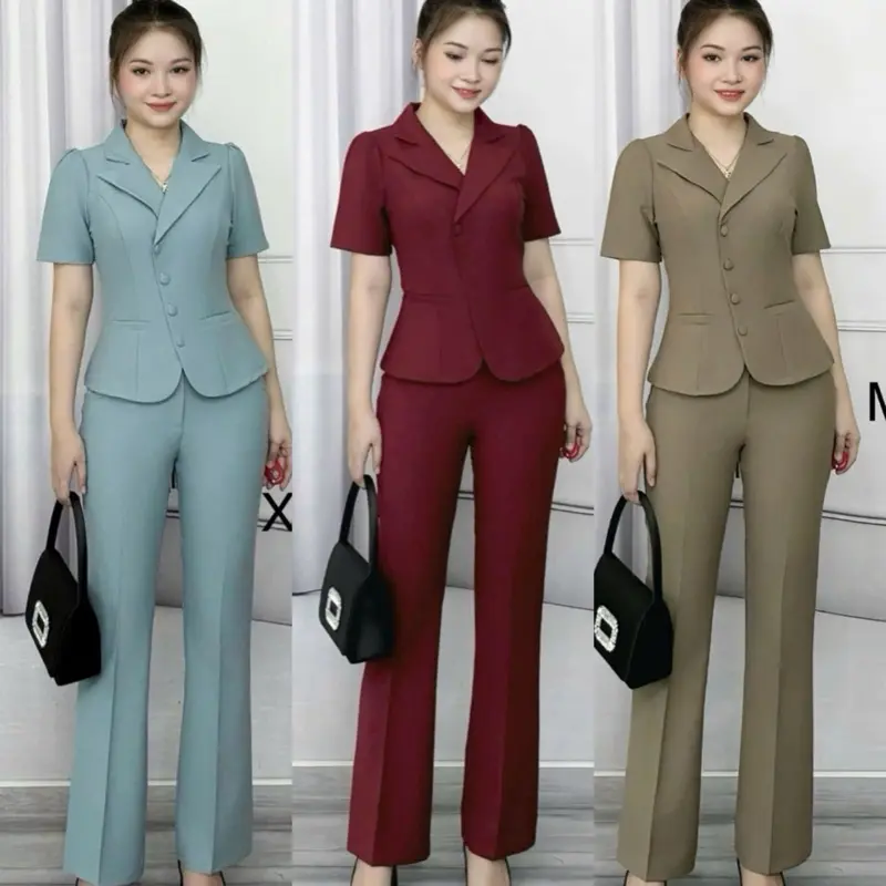 Sét vest áo gài nút chéo thiết kế cao cấp cho nữ (ống quần loe nhẹ 21-22cm -chất vải coton lạnh Hàn mềm mại co giãn nhẹ quần dài 96cm #setbothietke#thoitrangnu