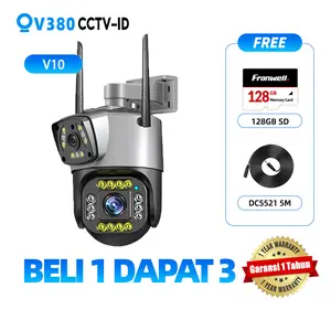 【Paket Diskon】COD V380 V10 (CCTV+Kartu SD 128G+Kabel 5M) Outdoor Dual Lens Waterproof CCTV Camera HD Wi-Fi Multi Penglihatan Malam Lensa Ganda Kamera keamanan PTZ