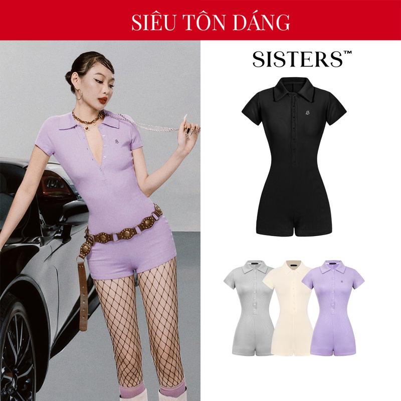 Jumpsuit nữ cổ bẻ SISTERS tay ngắn ôm dáng màu đen, tím, kem, xám thun gân co giãn Mallorie | SS2-J1
