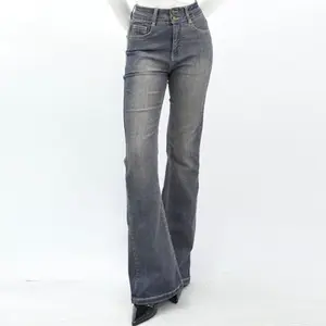 Jeans Wanita Pinggang Tinggi Elastis Berkobar dengan,kat pinggang kancing ganda Mode dan kepribadian, desain baru celana flare ramping 8831