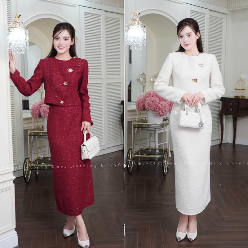 EV102-Emvy Clothing Set Váy Tiểu Thư Chất Dạ Tweed Vạt Chéo 3 Cúc đặc biệt Thanh Lịch Tinh Tế Phù Hợp Với Đi Chơi Dạ Tiệc Sang Trọng Và Quyến Rũ