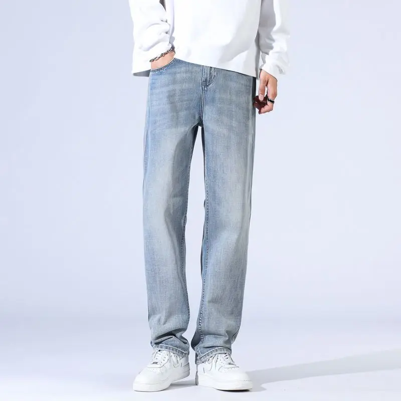 Quần Jean Denim, Dành Cho Nam Giới, Dáng Rộng Vừa Vặn, Ống Thẳng, Màu Xanh Băng, Đơn Giản Và Dễ Phối Đồ Thời Trang, Dây Kéo YKK, Chất Liệu Chống Mài Mòn Menswear Pants Có Túi