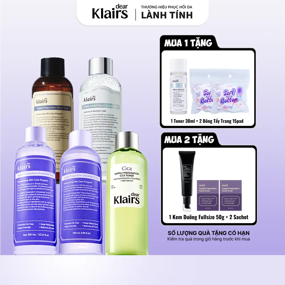 Nước hoa hồng Dear, Klairs Supple Preparation Unscented Toner hỗ trợ cấp ẩm cho da 180ml