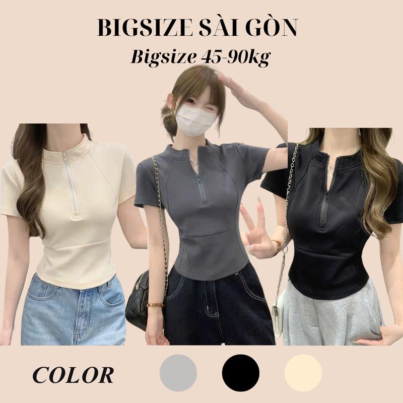 Áo Thun Nữ Tay Ngắn Cổ Lọ Phối Dây Kéo Thanh Lịch Vải Borit Cotton Mịn Cao Cấp 45- 90Kg Bigsize Dễ Thương Top Nữ Women - B.1568