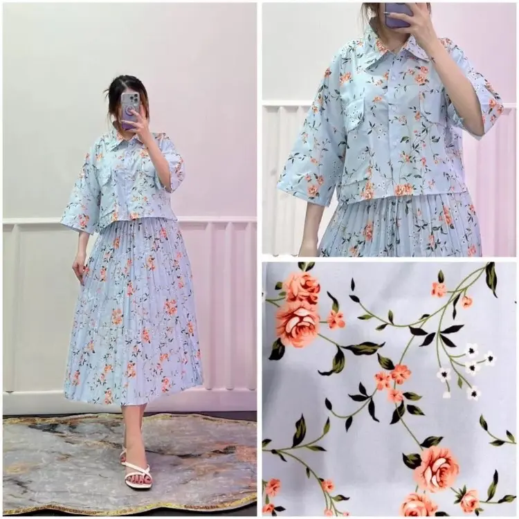 One Set Fuji / One Set Clara Kemeja Crop & Rok Midi Plisket Atasan Bawahan Motif Wanita 1