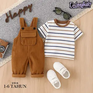 Setelan Overall Bahan Corduroy + Kaos Salur Anak Laki-Laki/Perempuan Unisex Usia 1-6 Tahun, Setelan lebaran Anak